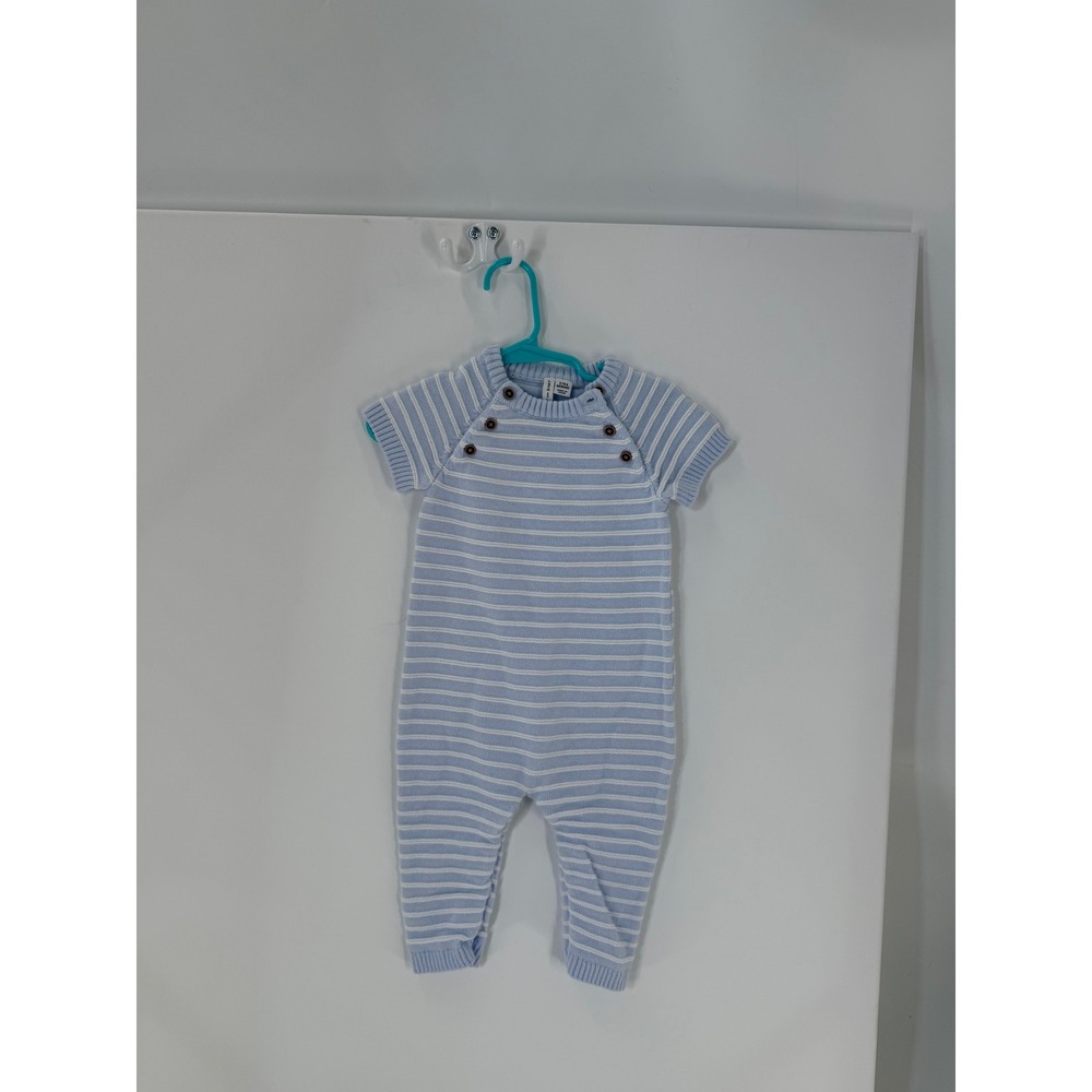 Janie and Jack Blue White Striped Knit Baby Romper 3-6 Months Nautical Button